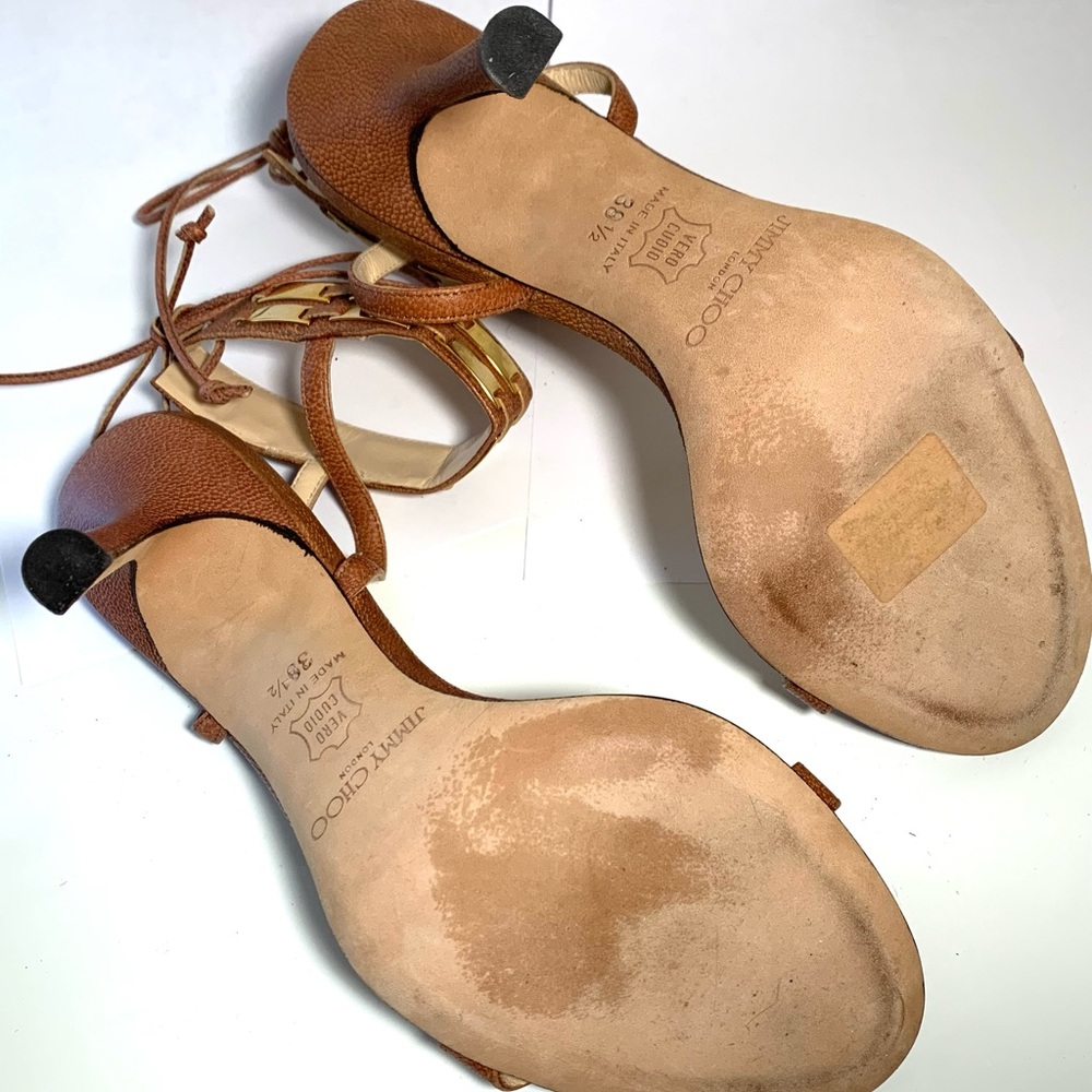 Jimmy Choo Brown Leather Gold Strappy Ankle Tie Sandal Heel Size 38 1/2 - Picture 6 of 9